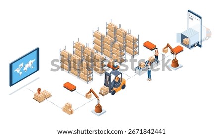 Automated Warehouse Robots and Smart Warehouse Technology concept with Agv robots, Automation System and inventory control platforms. 