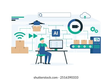 Sistemas de Depósito Automatizados para Gerenciamento Eficiente de Inventário. Ilustração de Tecnologia de Logística Moderna e Automação Avançada em Operações de Depósito. Ilustração