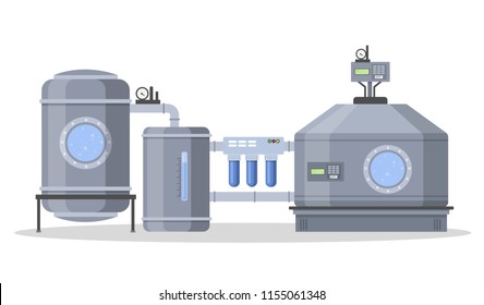 Proceso automatizado de purificación de agua. Probando agua. Ilustración plana vectorial aislada