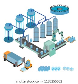 Automated water purification process. Testing and packaging bottles. Water industry. Isolated vector flat illustration