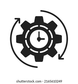 automated work icon with black gear and clock. concept of organization or planning symbol like cogwheel or gearwheel sign and industrial manufacture or devops pictogram