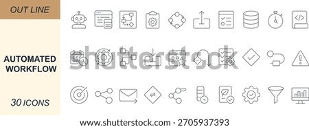 Automated workflow line icons featuring task, trigger, decision, integration, api, bot, dashboard, and efficiency. Perfect for system, business, and digital design.