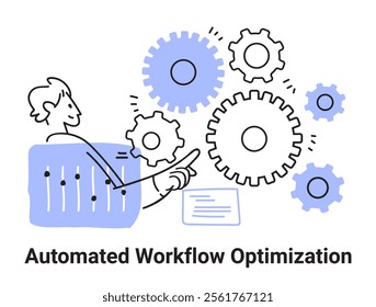 Automated workflow optimization concept with gears person interacting with controls blue accents minimalist design