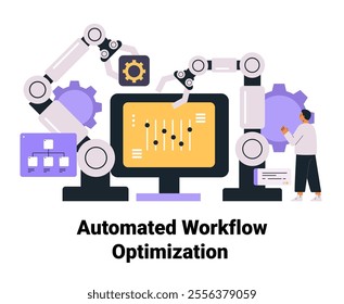 Automated workflow optimization robotic arms technology concept person interacting with computer gears diagrams digital process management website design