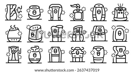 Automatic air freshener icons set. Air purifier cleaning removing dust and germs from room icons set outline style