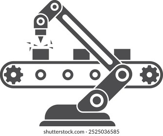 Automatic arm on industrial conveyor black icon. Factory robotization