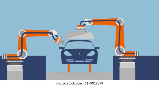 Automatic assembly line of a automotive factory. Automatic 4.0 industry concept. Vector isolated illustration. 