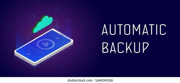Automatic Backup horizontal banner with cloud and smartphone that exchange data (upload and update photos, notes, contacts and private personal information). Header and footer template with text