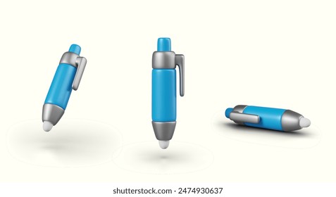 Automatic ball pen in different positions. Set of vector 3D elements