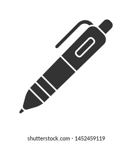 Automatic ballpoint pen glyph icon. Writing tool silhouette symbol. Negative space stationery items shop, school supplies store logo. Office workplace, education attribute vector isolated illustration