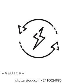 automatic battery energy supply, backup electric machine icon, continuous consumption voltage, lightning, thin line symbol isolated on white background, editable stroke eps 10 vector illustration 