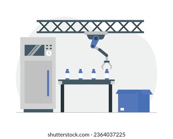 Automatic beverage production robot, use of advanced technology as innovation, factory vector illustration.
