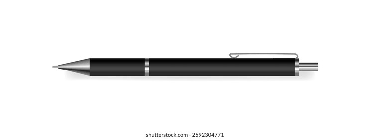 Automatic black ballpoint pen isolated on white background. School and office tools flat vector illustration of ball pen for education and business design use