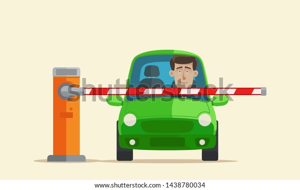 Automatic boom barrier. Checkpoint\
concept. Car parking system. Closed barrier in front of the green\
car. Stop. Vector illustration, flat design, cartoon\
style.