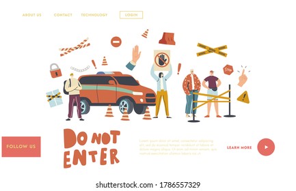 Automatic Boom Barrier, Checkpoint Landing Page Template. Characters at Barrier Blocking Entrance on Closed Territory. Car Parking System, No Passage Warning. Linear People Vector Illustration