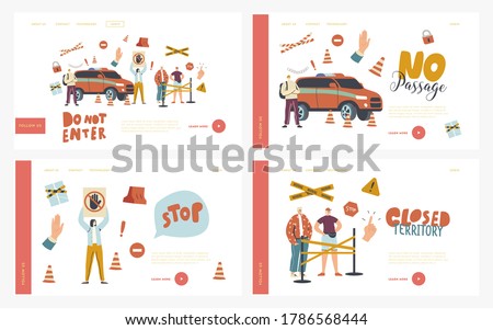 Automatic Boom Barrier, Checkpoint Landing Page Template Set. Characters at Barrier Blocking Entrance on Closed Territory. Car Parking System, No Passage Warning. Linear People Vector Illustration