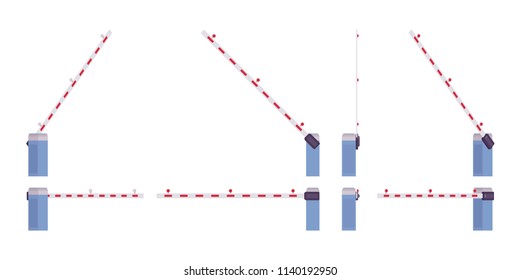 Automatic boom barrier gate set. Bar, pole to block access through a controlled point. City street beautification, urban design concept. Vector flat style cartoon illustration, different positions