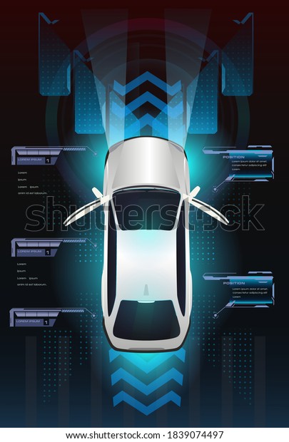 Automatic braking system. Assistance to the
driver while driving. Vehicle movement with sensors that scan the
distance between vehicles on the road. Future concept smart auto
with HUD, GUI,
hologram