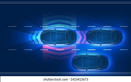 Automatic braking system avoid car crash from car accident. Concept for driver assistance systems. Autonomous car. Driverless car. Self driving vehicle. Future concepts smart auto. HUD hologram Vector