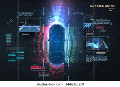 Automatic braking system avoid car crash from car accident. Concept for driver assistance systems. Autonomous car. Driverless car. Self driving vehicle. Future concepts smart auto. HUD, GUI, hologram 