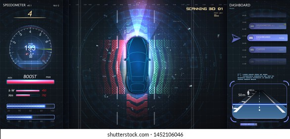 Automatic braking system avoid car crash from car accident. Concept for driver assistance systems. Autonomous car. Driverless car. Self driving vehicle. Future concepts smart auto. HUD, GUI, hologram