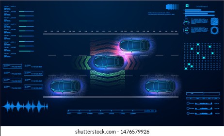 Automatic braking system avoid car crash from car accident. Concept for driver assistance systems. Autonomous car. Driverless car. Self driving vehicle. Future concepts smart auto. HUD, GUI, hologram