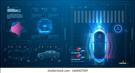 El sistema de frenado automático evita el camión de un accidente de camión. Concepto de sistemas de asistencia al conductor. Velocímetro de camión abstracto, rellenando. Camión automático, diagnóstico automático. Aplicación al estilo de HUD, GUI