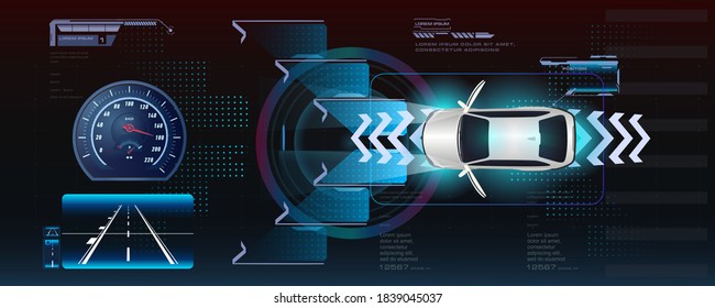 Sistema de frenado automático para evitar accidentes y accidentes de tránsito. Movimiento autónomo de vehículos. Auto inteligente con sensores que recorren la carretera. Sistema de control de conducción sin asistencia del conductor. Conducción segura. Vector