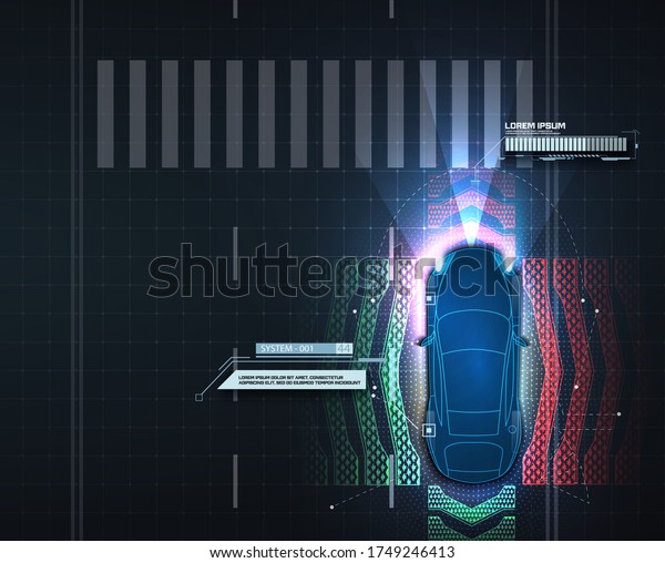 Automatic braking system avoid car crash from car\
accident. Concept for driver assistance systems. Autonomous car.\
Driverless car. Self driving vehicle. Future concepts smart auto.\
Scans the road