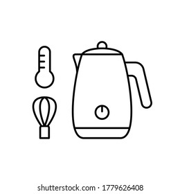 Automatic cappuccino maker. Electric frother for warming, frothing milk. Linear icon of kitchen device. Kettle for heating drink, whipping foam. Contour isolated vector illustration, white background