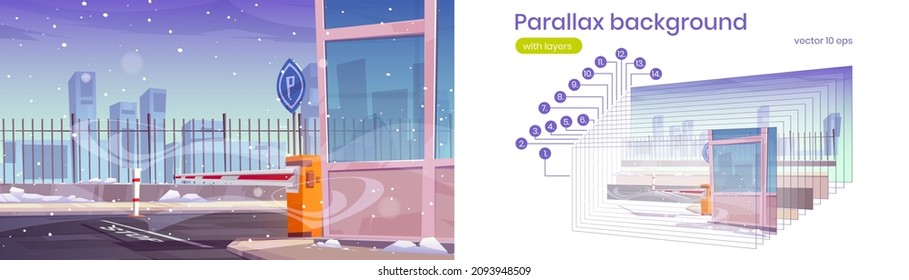 Automatic car barrier to security parking with snow and wind. Vector parallax background for 2d animation with cartoon illustration of automobile park entry with closed gate, checkpoint in winter