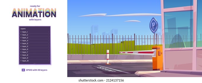Automatic car barrier to security parking with checkpoint. Vector parallax background ready for 2d animation with cartoon illustration of automobile park entry with closed road gate