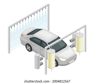 Ilustración de vectores isométricos del servicio de lavado automático de automóviles o vehículos de motor y del procedimiento de mantenimiento