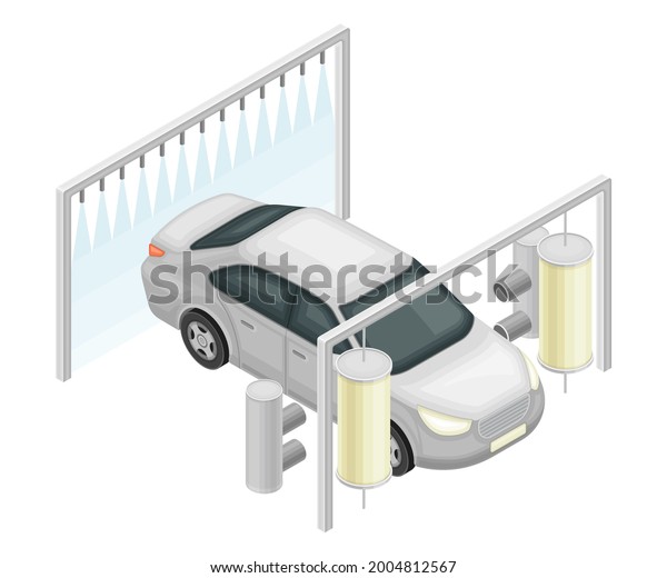 Automatic Car or Motor\
Vehicle Wash Service and Maintenance Procedure Isometric Vector\
Illustration