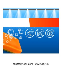 Automatic Car Wash Creative Promo Banner Vector. Car Wash Service Washing Transport With Foam, Polish And Wax Advertising Poster. Sponge With Bubbles Style Concept Template Illustration