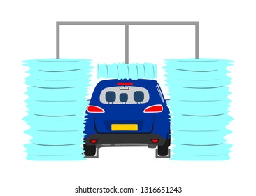 Automatic car wash foam water center vector illustration isolated on white background. Car washing service clean brushes. Pit stop cleaning vehicle. Washing automobile. 