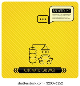Automatic car wash icon. Cleaning station sign. Chat speech bubbles. Orange line background. Vector