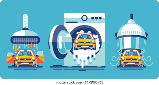 Automatic car wash line on the example of household appliances for cleaning and care. Cleaning, washing and drying.