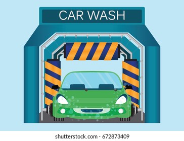 Automatic car wash, car running through automatic car wash foam water, vector illustration.