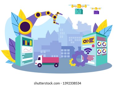 Automatic Cargo Load System. Computer Technology. Working Process. Automation and Technology. Vector Illustration. Delivery Cargo. Smart Idustry. Drone Delivery. Truck Background Industrial Enterprise
