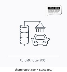 Automatic carwash icon. Cleaning station sign. Linear outline icon. Speech bubble of dotted line. Vector