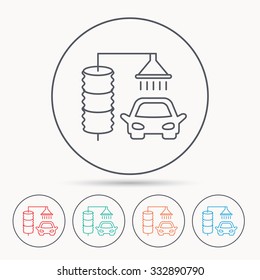 Automatic carwash icon. Cleaning station sign. Linear circle icons.