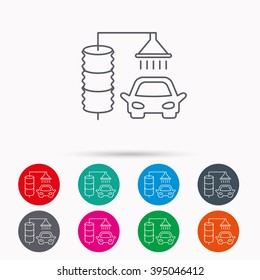 Automatic carwash icon. Cleaning station sign. Linear icons in circles on white background.