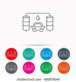 Automatic carwash icon. Cleaning station with water drop sign. Linear icons in circles on white background.