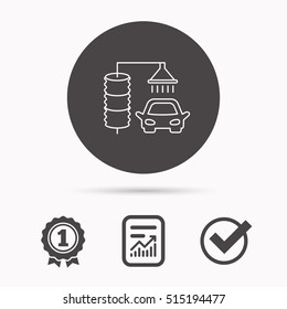 Automatic carwash icon. Cleaning station sign. Report document, winner award and tick. Round circle button with icon. Vector