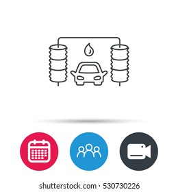 Automatic carwash icon. Cleaning station with water drop sign. Group of people, video cam and calendar icons. Vector
