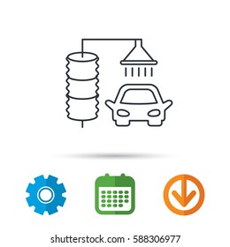 Automatic carwash icon. Cleaning station sign. Calendar, cogwheel and download arrow signs. Colored flat web icons. Vector
