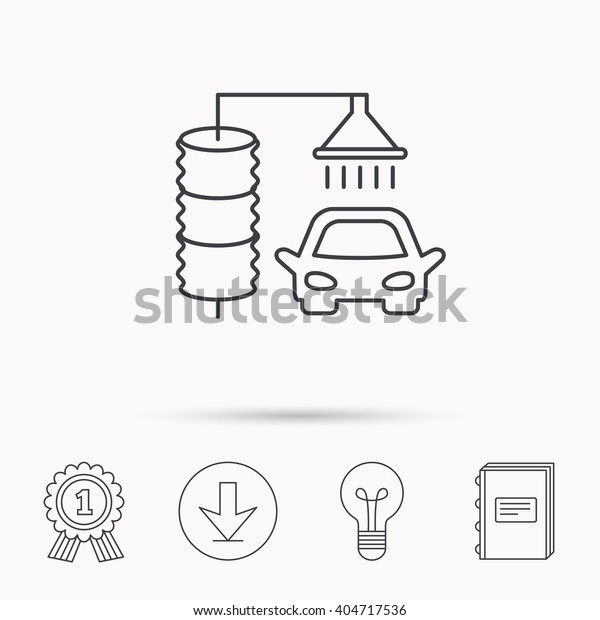 Automatic carwash icon.\
Cleaning station sign. Download arrow, lamp, learn book and award\
medal icons.