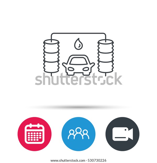 Automatic\
carwash icon. Cleaning station with water drop sign. Group of\
people, video cam and calendar icons.\
Vector