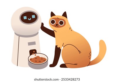 Alimentador automático de gatos. Um gato bonitinho está esperando sua comida do robô. Tecnologia e animais de estimação. Ilustração plana.